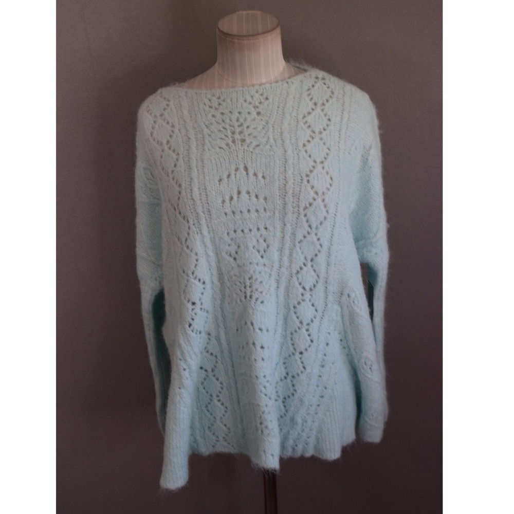 by Anthropologie Pointelle Sweater Medium Petite Blue Knit Pullover Long Sleeve